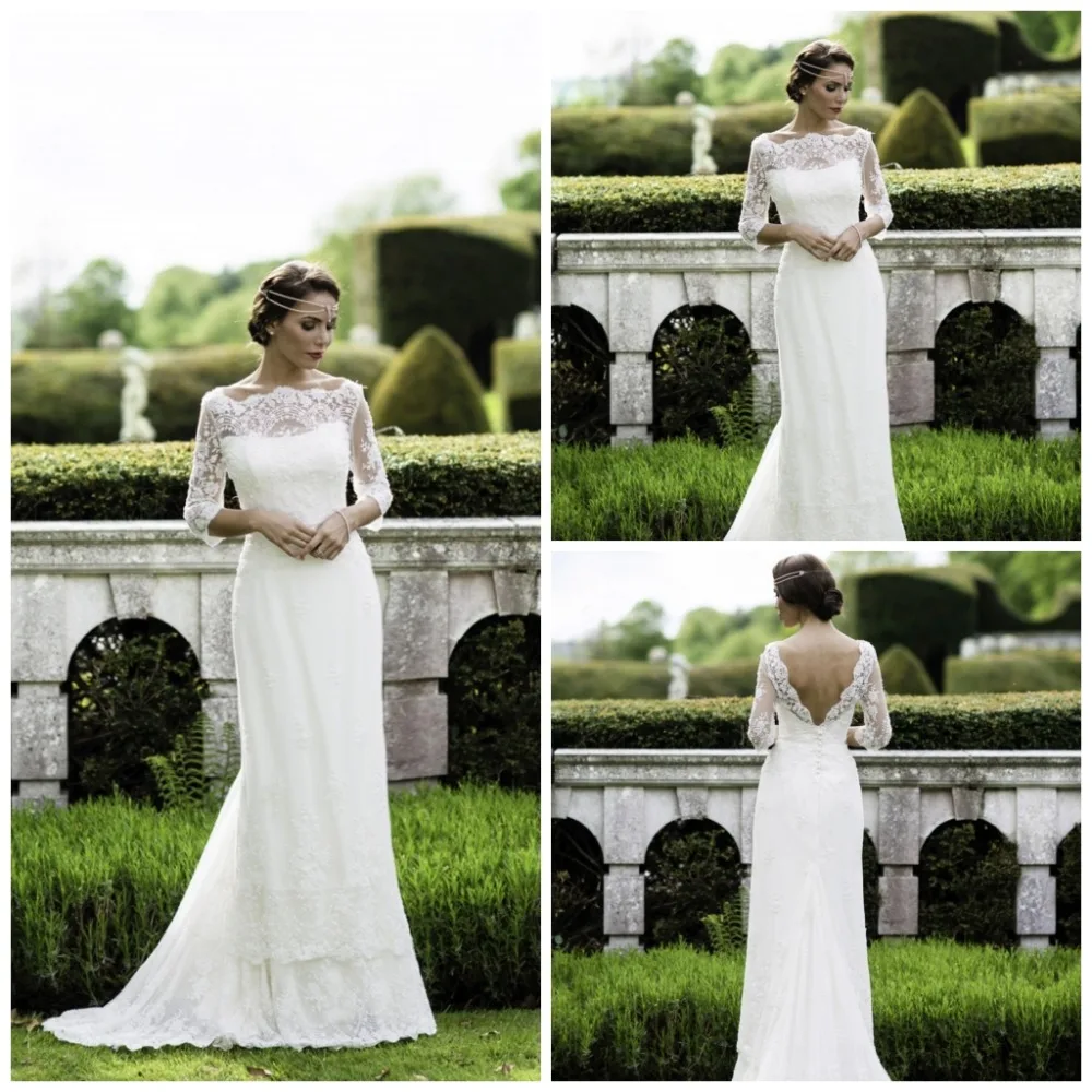 Vestidos De Novias Elegant Lace Wedding Dress with Sleeves 3/4 High Neck White V Back 2016 Long Robe Mariage Party | Свадьбы и