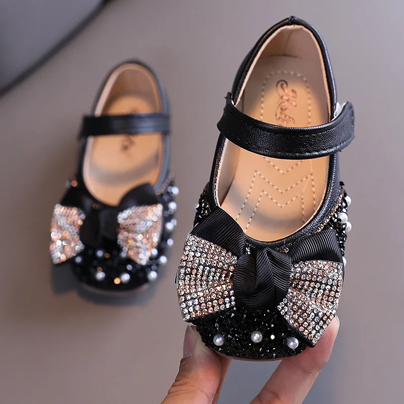

2022 Autumn Girls Shoes Bling Mary Janes Pearl Princess Shoes For Kids Butterfly Leather Shoes Children Flats Non-slip Toddlers