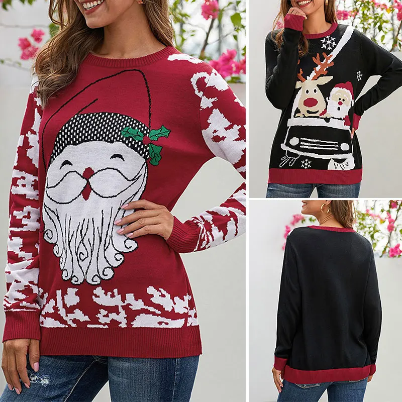 

Рождественский женский свитер с рождественским принтом Санта-Клауса, Рождественский вязаный пуловер с длинным рукавом и круглым вырезом, с...
