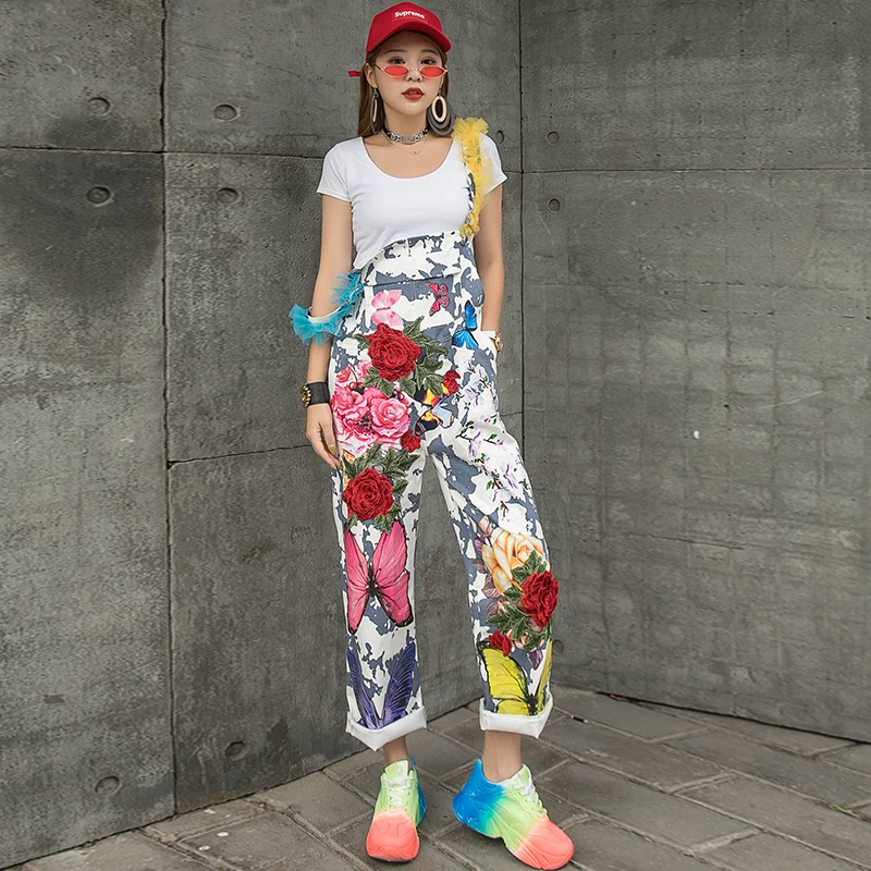European station fashion embroidery flower print overalls female fried street personality loose overalls overalls trousers