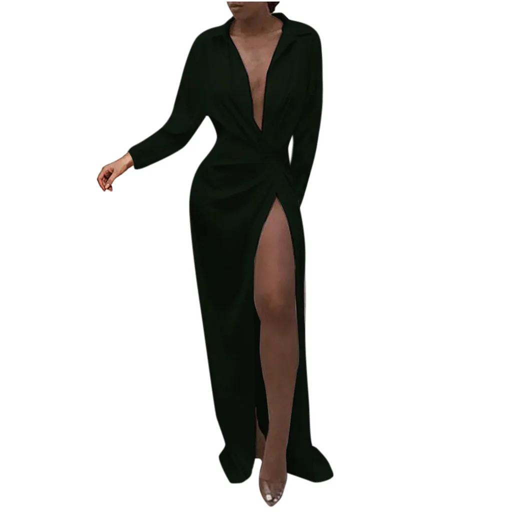 Женское сексуальное тонкое платье сплошной цвет глубокий v-образный вырез с