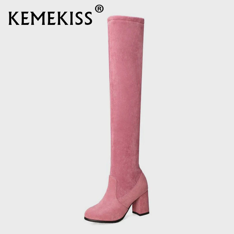 Женские Эластичные ботфорты KemeKiss розовые удобные теплые сапоги выше колена на