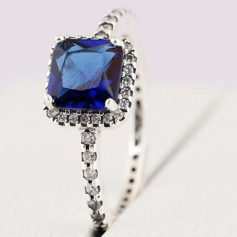 

Original 925 Sterling Silver Pan Ring Blue Square With Large Crystal Cz Ring For Women Wedding Party Gift Fashion Jewelry