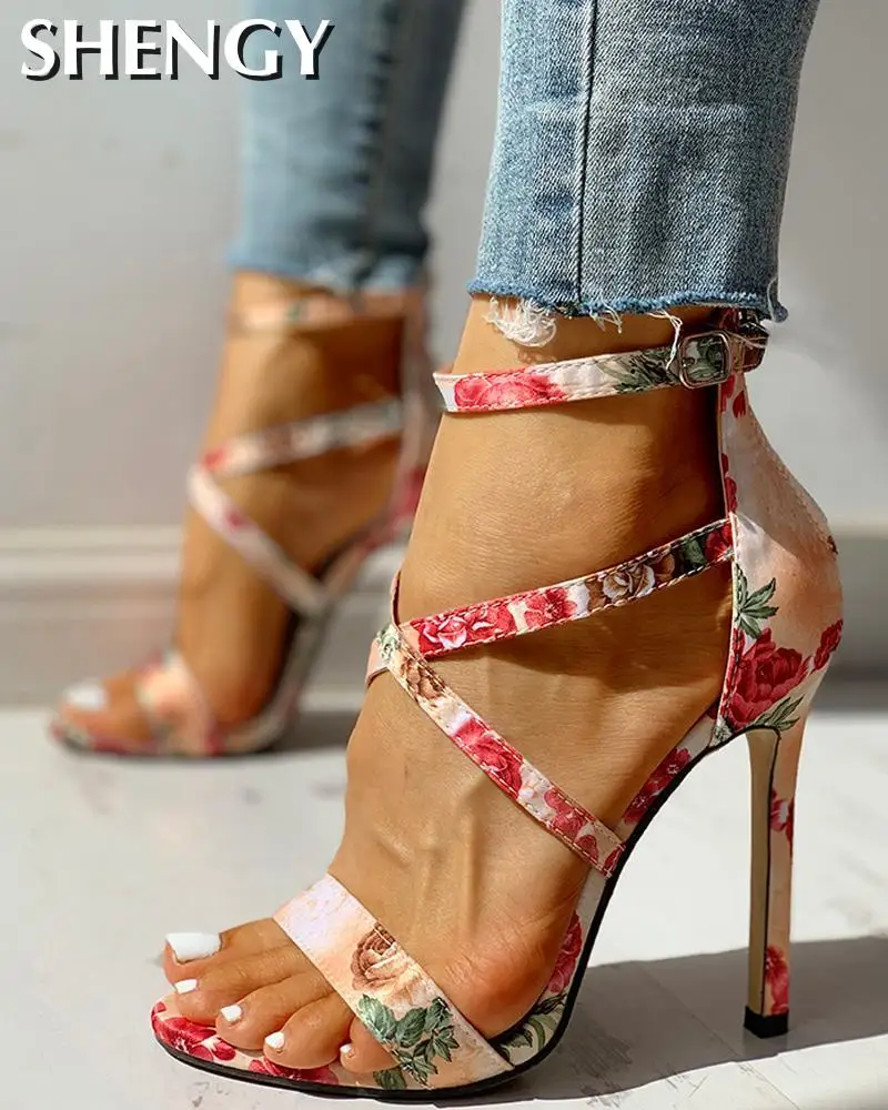 

2020 Women Pumps Floral Ankle Strap Thin Heeled Sandals Crisscross Bandage Open Toe Suede Summer Wedding Party Women High Heels