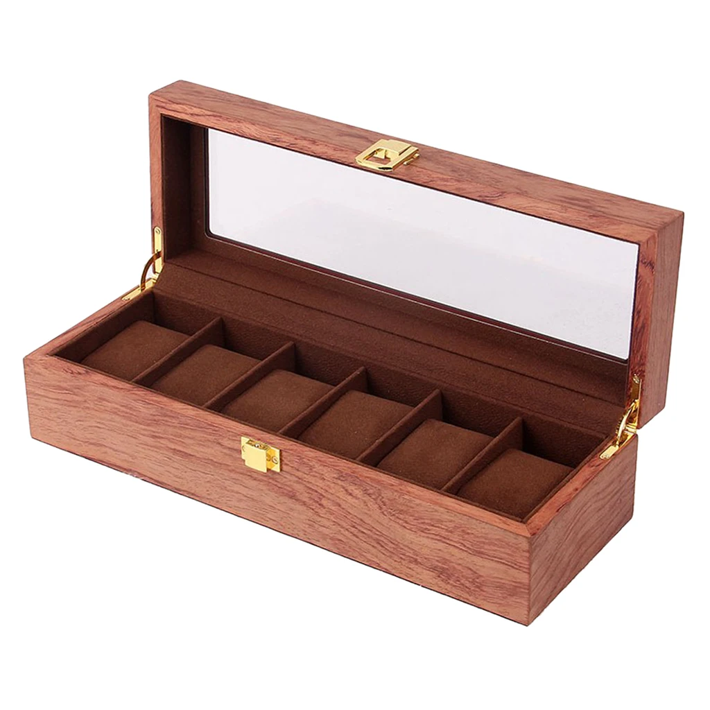 Wooden Watch Box Case Organizer Display for Men Women, 6 Slots Wood Box with Clear Glass Top, Vintage Style