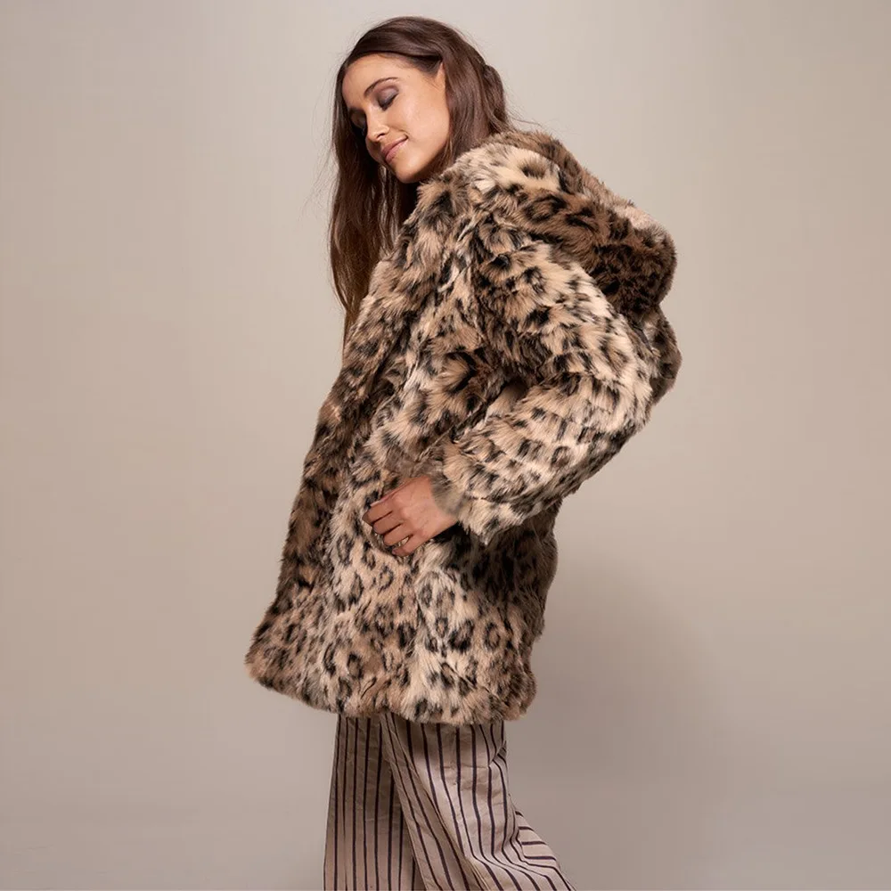 

Faux fur coat jacket 2020 new winter cross-border women's clothing wholesale cute hat mid-length leopard print fur sexy Y-568