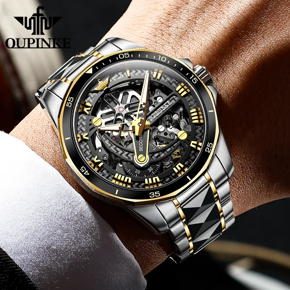 

OUPINKE Automatic Watch Men Sapphire Glass Skeleton Menchanical Wristwatch Men Steampunk Tunsten Steel Business Luxury Watch