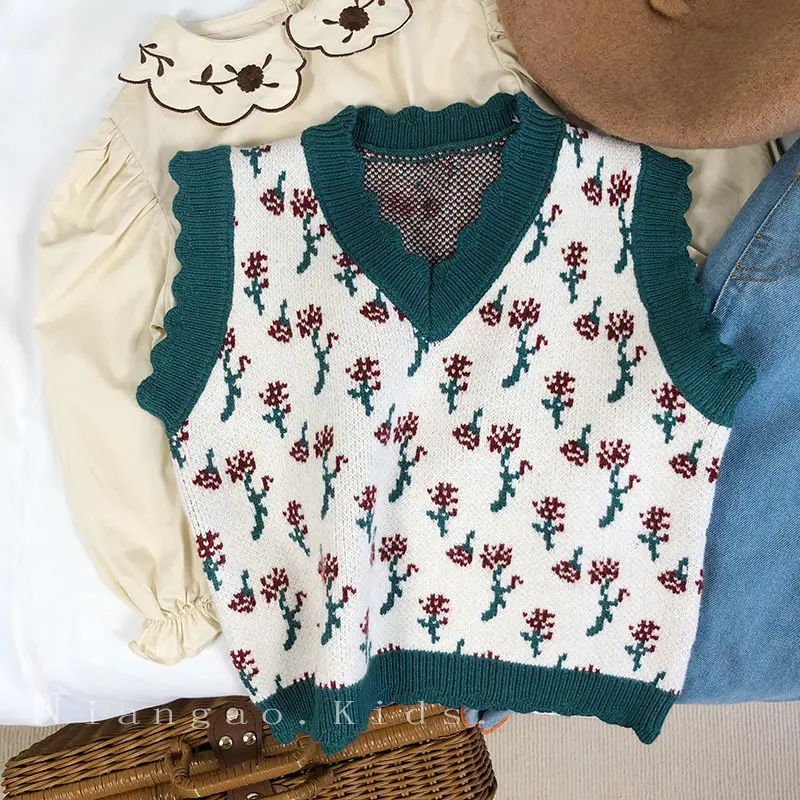 

Korean Children'S Clothing 2021 Autumn New Flowers Boys And Girls Vest Baby Vest Children'S Knit Sweater Sweater