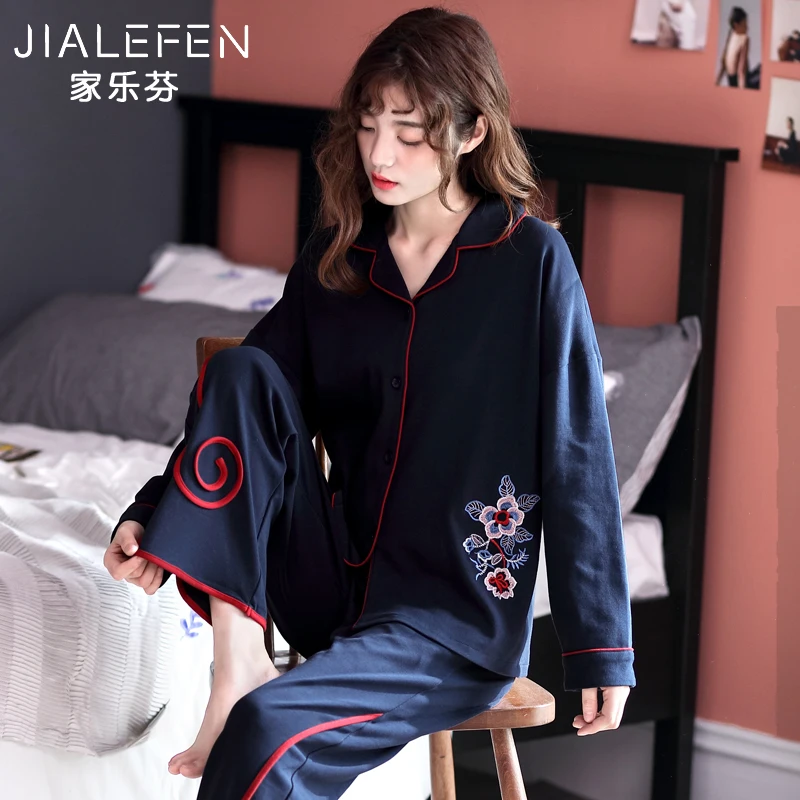 

Pajamas Women's Spring and Autumn Cotton Long-Sleeved Home Wear Cotton Summer Middle-Aged Mom Middle-Aged and Elderly Two-Piece