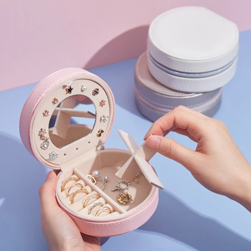 

Protable Travel Leather Mini Round Bracelet Box Earrings Necklace Organizer Case