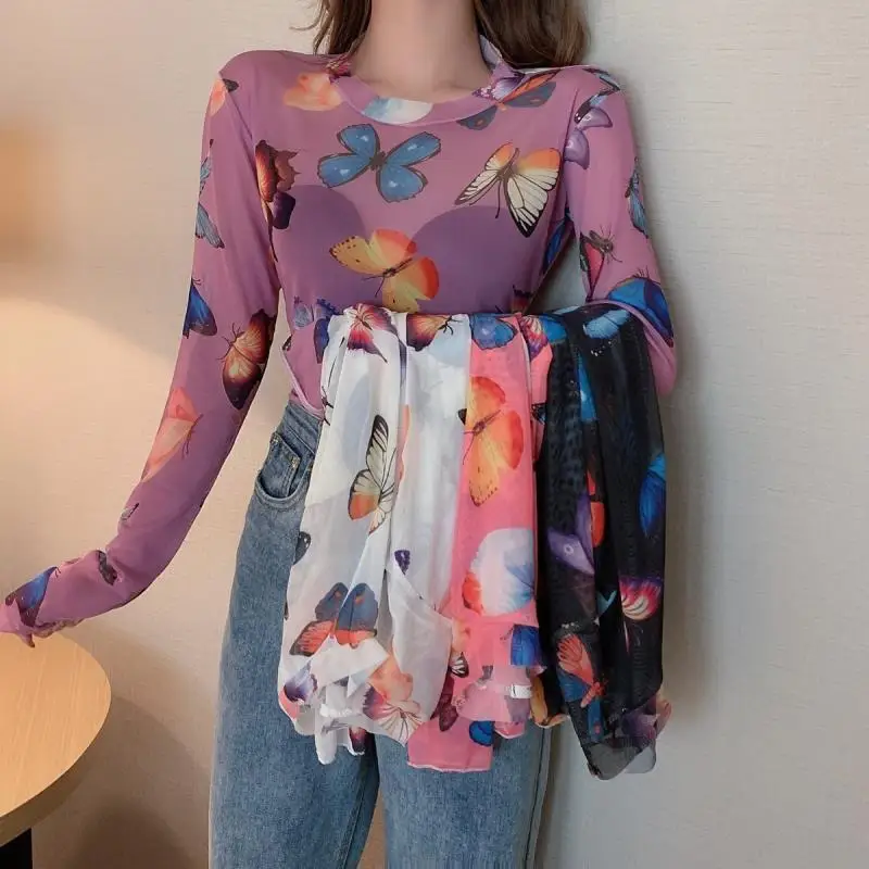 Ruoru женские сетчатые топы с принтом сердечек и бабочек Просвечивающая футболка