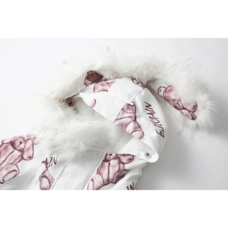 Парка с меховым воротником толстая рисунок милым медведем Harajuku уличная Мужская