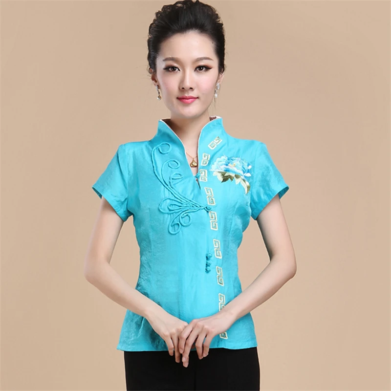 

Chinese embroidered slim short-sleeved Tang suit top middle-aged embroidery national wind improved shirt