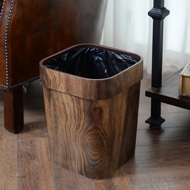 

Retro Style Trash Can With Pressing Ring Plastic Household Office Mimetic Wood Grain Dustbin Garbage Can For Bedroom