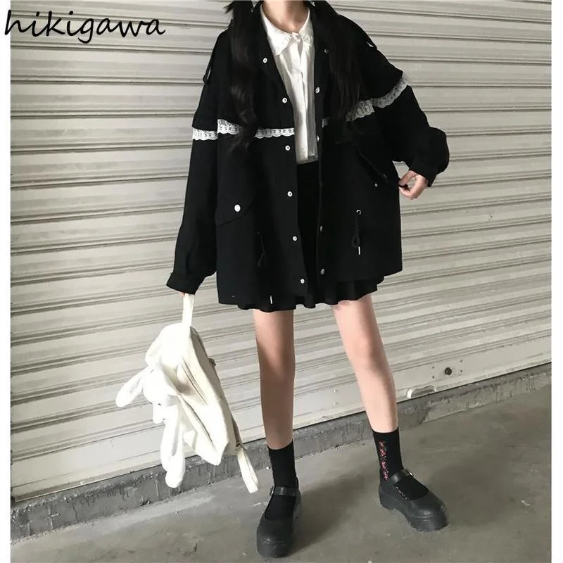 

Hikigawa Japanese Preppy Lace Patchwork Tooling Jacket Women Vintage Harajuku Casual Loose Coat Single Breasted Student Outwear
