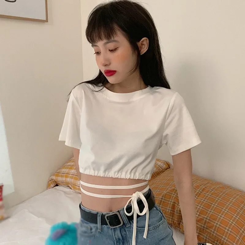 

Summer Korean Style Fashion T Shirt Laides Sexy Personality Tie Rope Top ClothesWomen Slim Short Style Short-Sleeved Costume