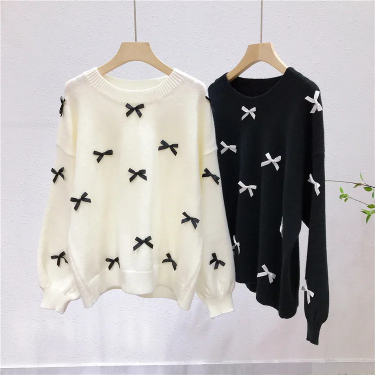 

TVVOVVIN Winter O-neck Loose Spliced Bow Bubble Sleeve Sweater Casual Fashion Loose Female Knitted Pullover Tops E979