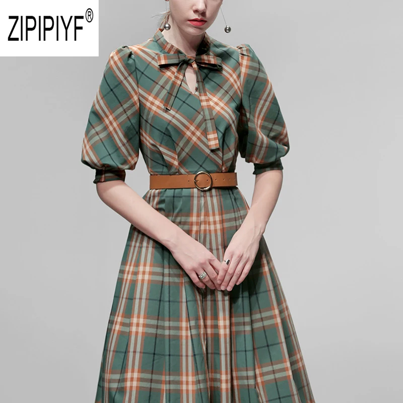 Европейский стиль Ретро модные женские платья выдалбливают короткий рукав бант