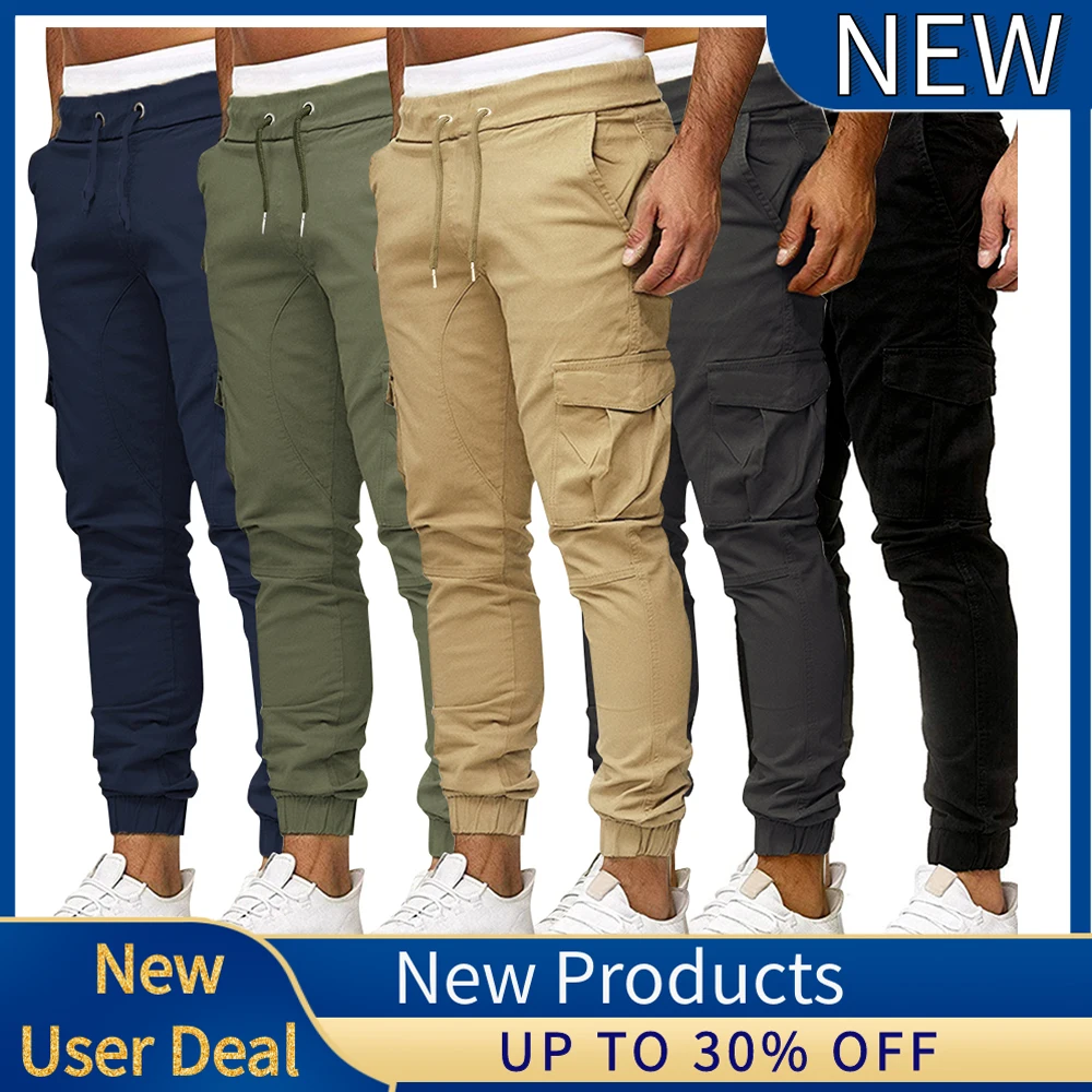 Брюки-карго мужские на шнуровке, повседневные длинные штаны с эластичным поясом, брюки-карандаш, однотонные классические штаны с карманами