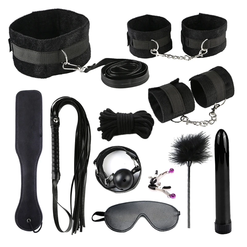 

RXJD 11pcs Erotic Restraint Set Handcuffs Ankle Bondage Cuffs Collar Blindfold Whip Nipple Clamps Couples Foreplay Flirt Bdsm SM