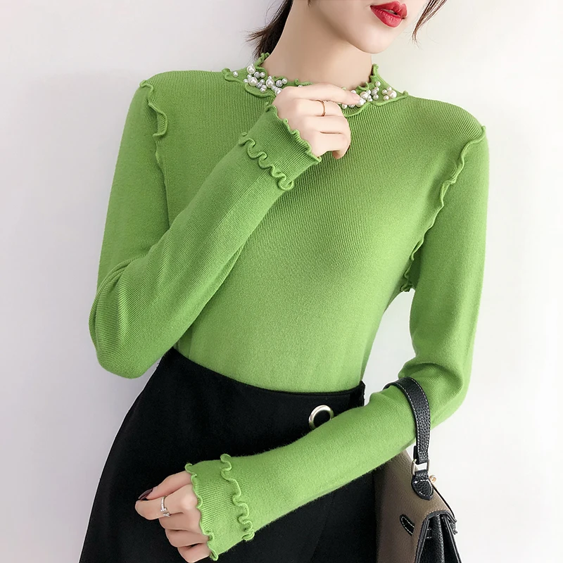 Lucyever Pearl Turtleneck Knitted Sweater Women Long Sleeve Elasticity Black Woman 2019 Winter Casual Simple Pull Femme | Женская одежда