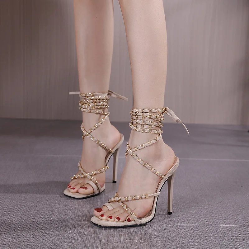 

Comfort Shoes for Women Sandals Straps Large Size High Heels Big Elastic Band Stiletto High-heeled Ankle Fashion 2021