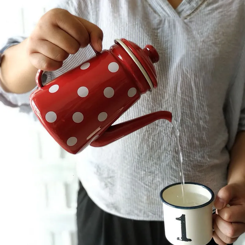 1.1L высокое качество эмаль Кофе горшок Cafetera залить капельного чайник бариста молока кувшин для воды чайник для газовая, индукционная плита