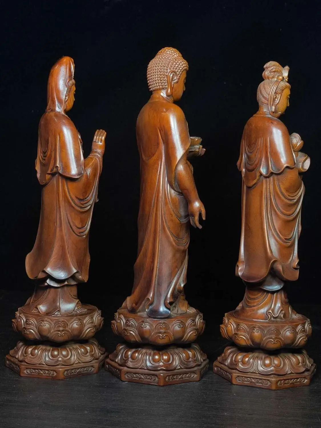 

wedding decoration Chinese Boxwood Seikos Wood Carving West three saint status Guanyin Shakyamuni Manjushri wood carving