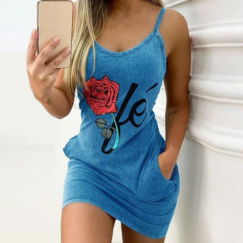 

Hot Sale Women Sling Wrap Summer Dress Boho Rose Floral Mini Print Sleeveless Evening Party Dress Ladies Holiday Beach 3 Color