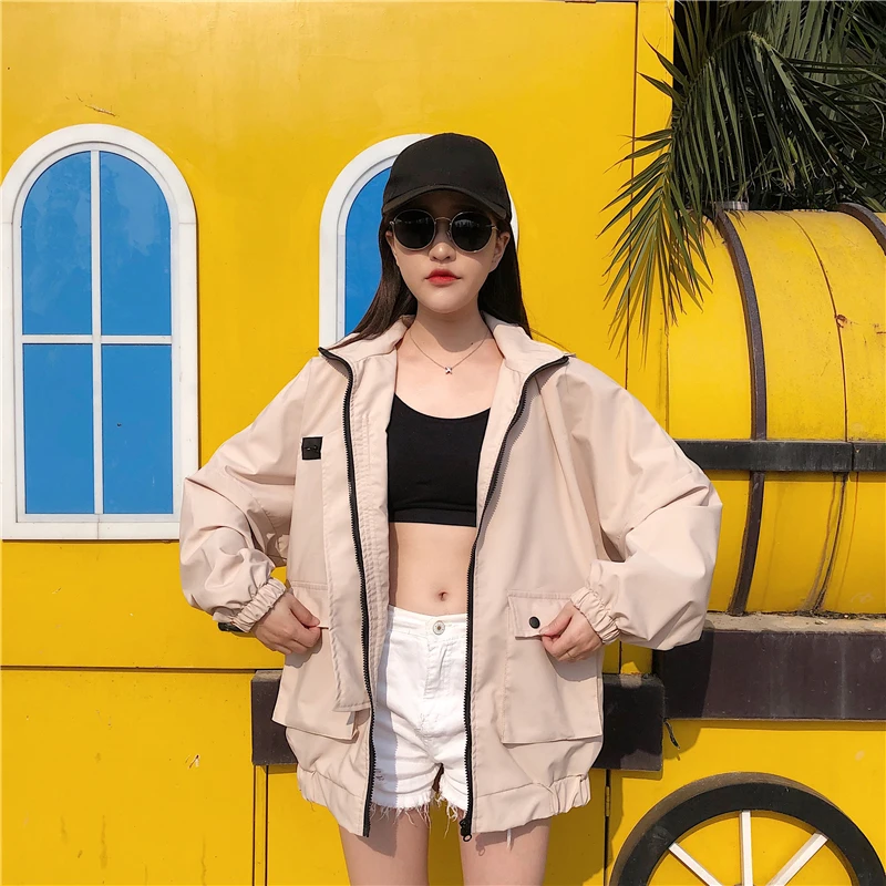 Куртка женская весна и осень Корейская версия оснастки Harajuku Свободная куртка Студенческая с капюшоном порт ветер бейсбол одежда