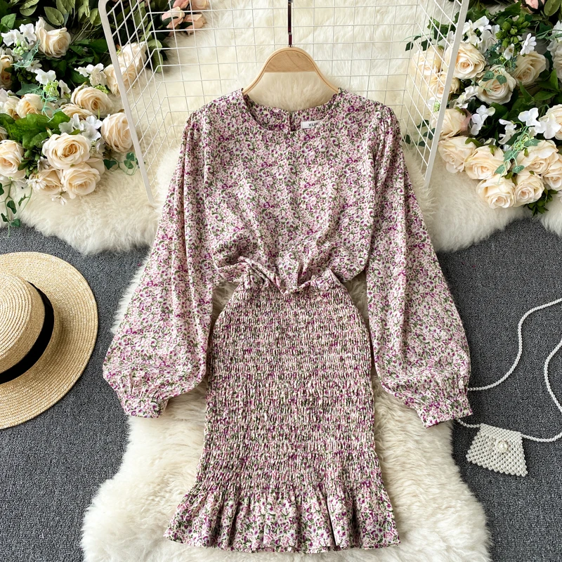 

Korean fashion floral small fresh round neck lantern sleeves waist slimming wrinkled wood lotus leaf wrapped hip dress women