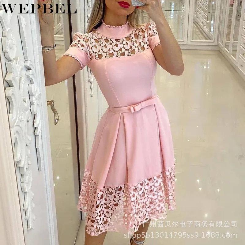 

WEPBEL Dress Women's Sexy Solid Color Stitching Hollow Out Dress Summer Casual O-Neck Short Sleeve Slim High Waist Dress