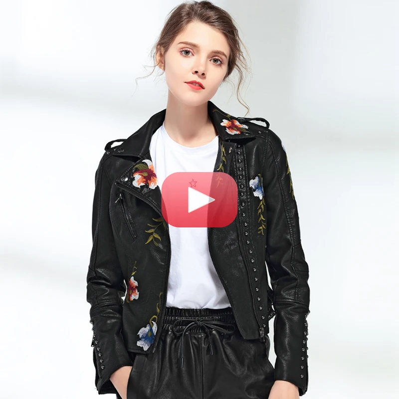 Women Floral Print Embroidery Faux Soft Leather Jacket Coat  Turn-down Collar Casual Pu Motorcycle Black Punk Outerwear