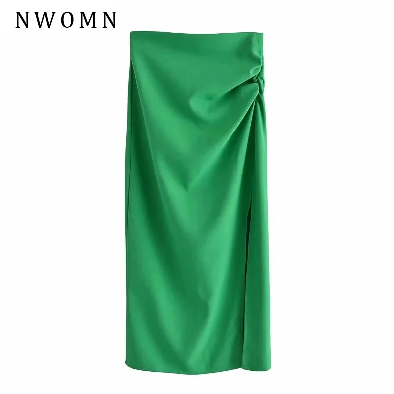 

NWOMN Za 2021 Green Long Skirts Woman High Waist Midi Pencil Skirt Women Elegant Pleats White Black Summer Skirt With Side Slit
