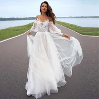 boho white wedding dress o neck floor length beadings floral illusion a line sashe wedding party de fiesta robe de soiree
