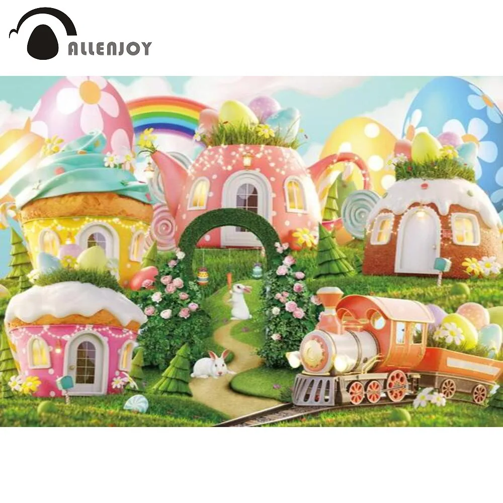 

Allenjoy Easter Party Backdrop Spring Garden Cute House Rabbit Bunny Egg Train Decor Photography Background Banner Photo booth