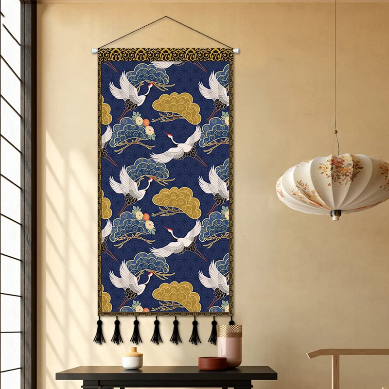 

Japanese Style Cranes Wall Art Canvas Painting Wall Tapestry Decorative Poster Printed Wooden Hanging Scroll Painting Decor