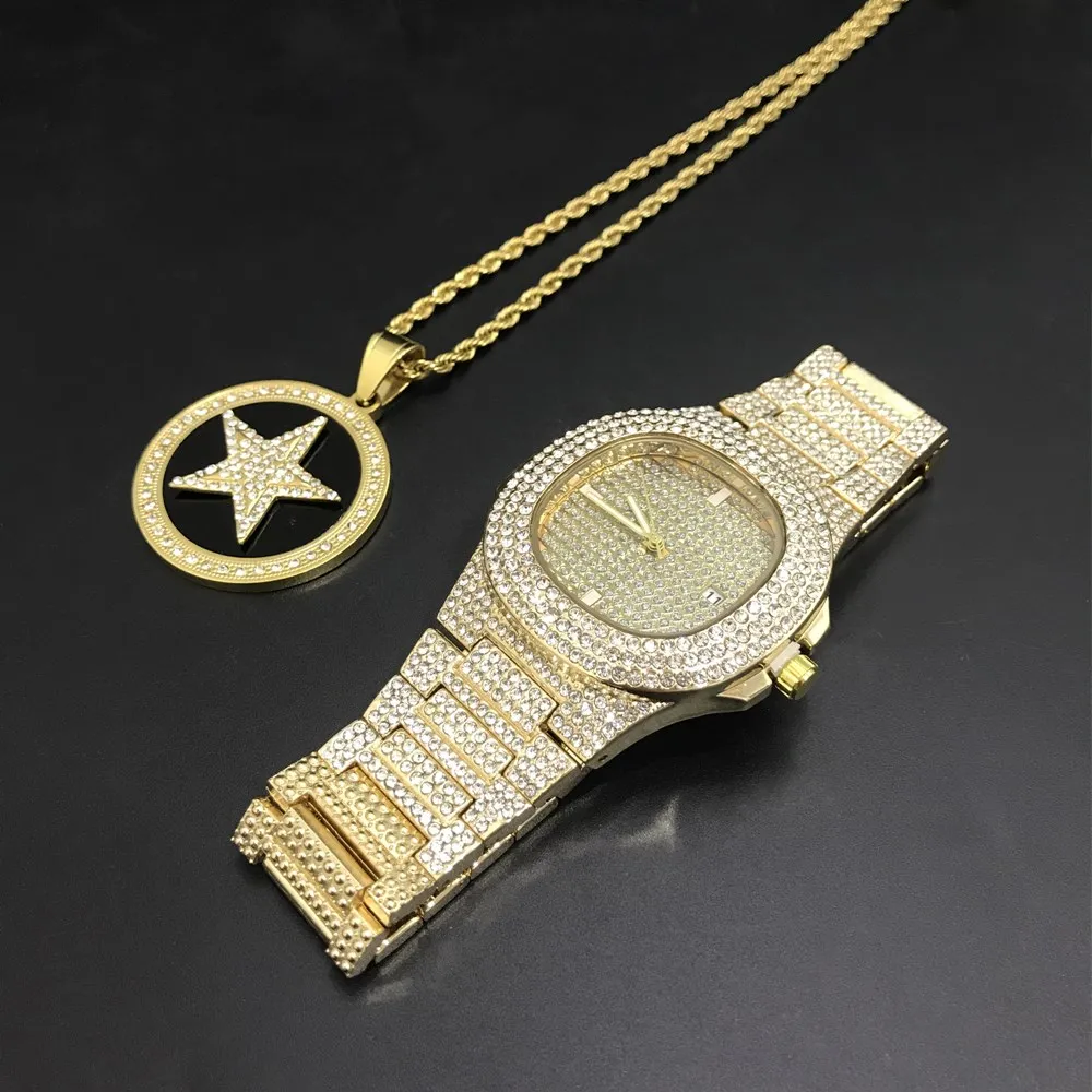 

Luxury Men Gold Silver Color Watch and Necklace Combo Set Necklace Chain Ice Out Cuban Watch Hip Hop Stylish Hip Hop For Men