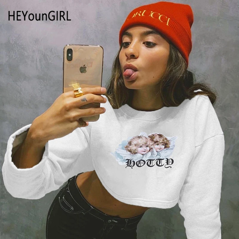HEYounGIRL с принтом ангела Повседневная Базовая укороченная Толстовка Harajuku корейский пуловер с длинными рукавами белые милые женские толстовки с капюшоном; сезон осень