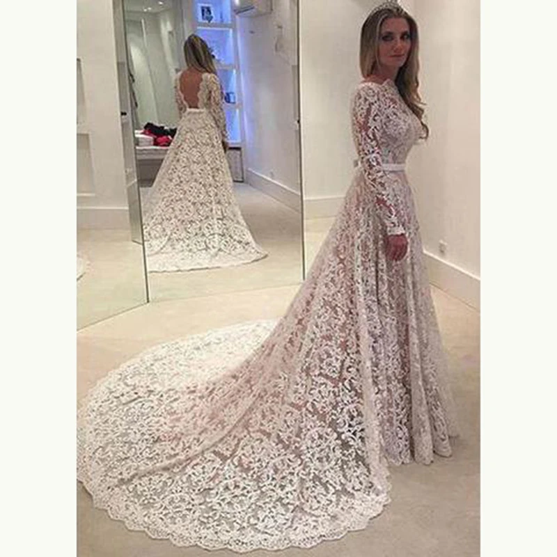 

Hot Sale Charming Lace Long Sleeve Wedding Dresses for Bride Backless Illusion Bateau Neck Bridal Wedding Gowns Court Train