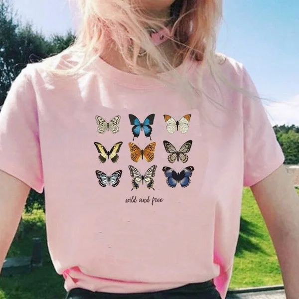 HAHAYULE-JBH надпись Wild And Free бабочка в Корейском стиле Модные и милые эстетика Harajuku Tumblr