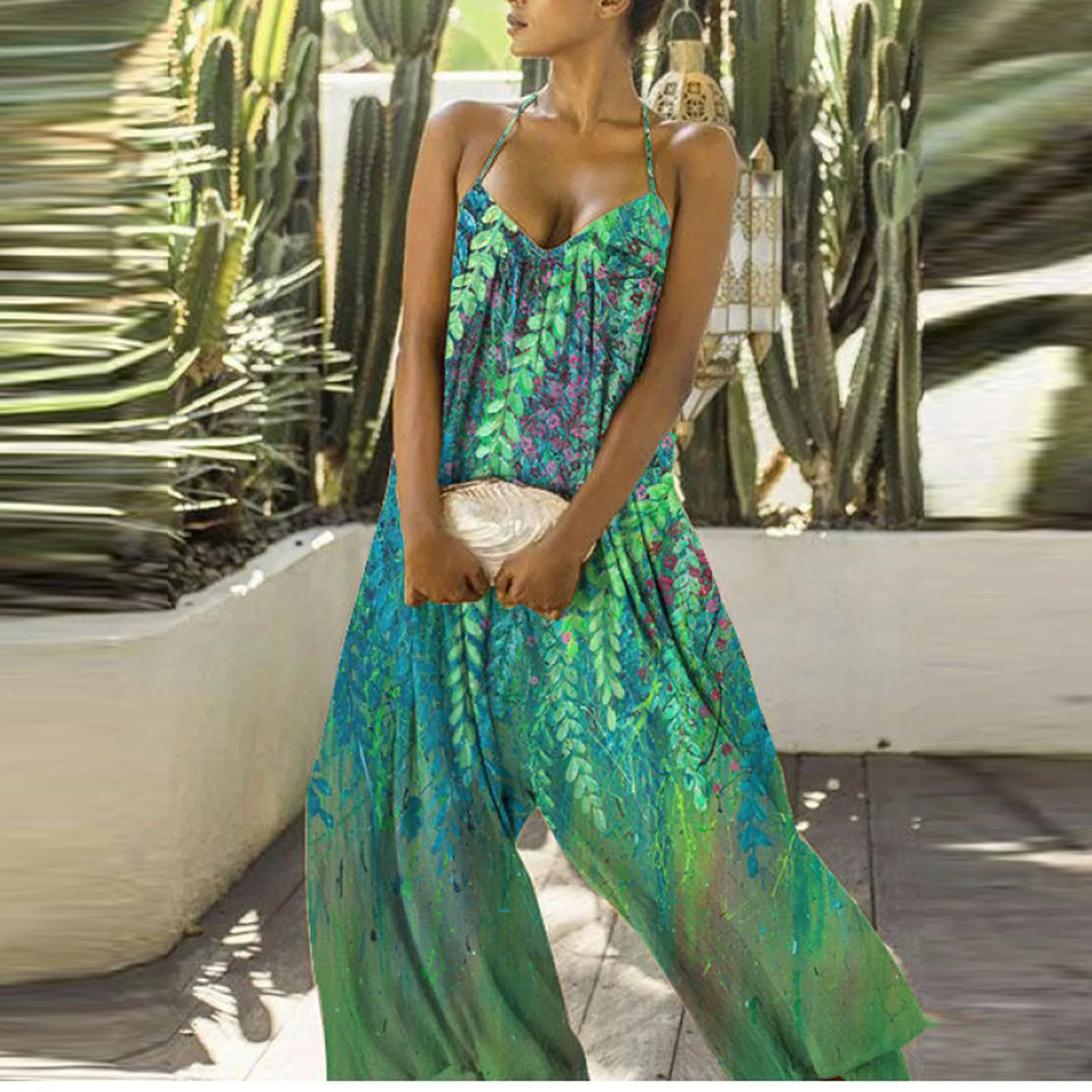 

Summer Women's Jumpsuits Casual V Neck Floral Print Boho Bodysuit Halter Wide Leg Backless Jumpsuits Combinaison Femme Clothing