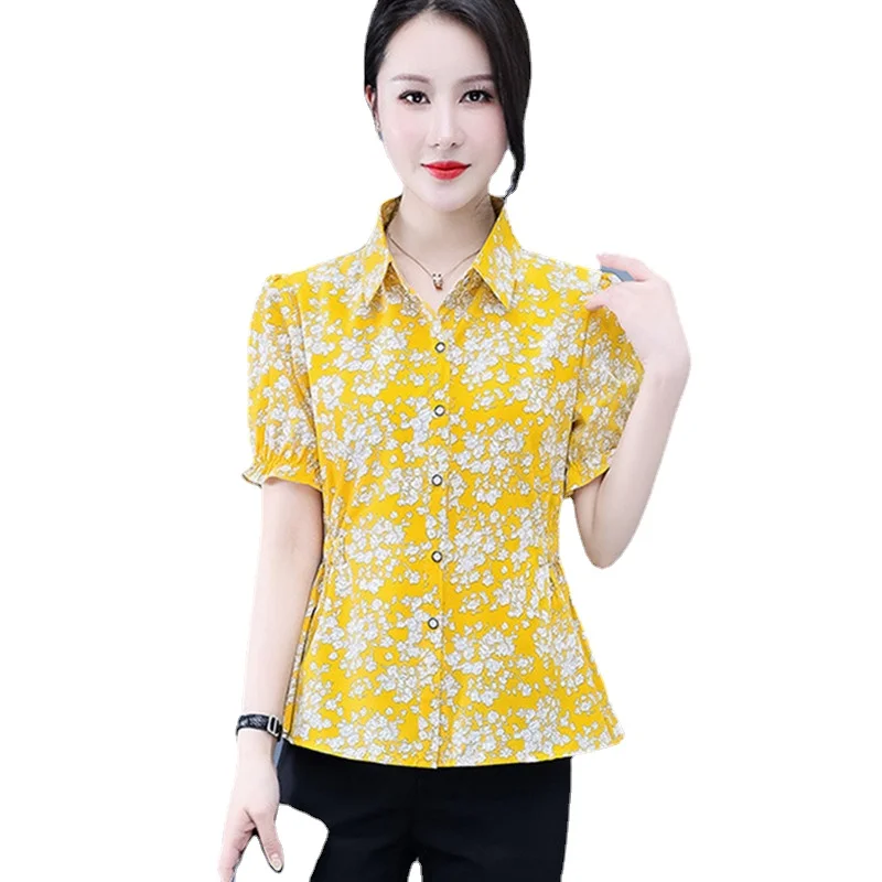 

Summer Chiffon Women Shirts Striped Office Lady Button Up Shirt Short Sleeve Ladies Tops Yellow Women Blouse Camisas Mujer