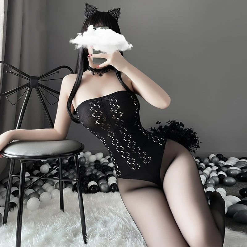 

Sexy Stockings Erotic See-Through Tube Top Back Hollowed Sangge Flower Body Stockings Open Crotch Free