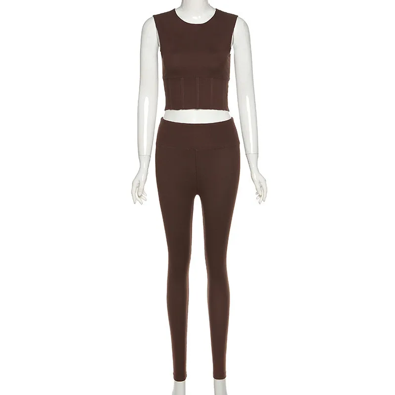 

Ahagaga 2021Sexy Two Piece Set Women Tracksuit Solid Skinny Sleeveless Tank Top And Leggings Matching Sets Streetwear Outfits