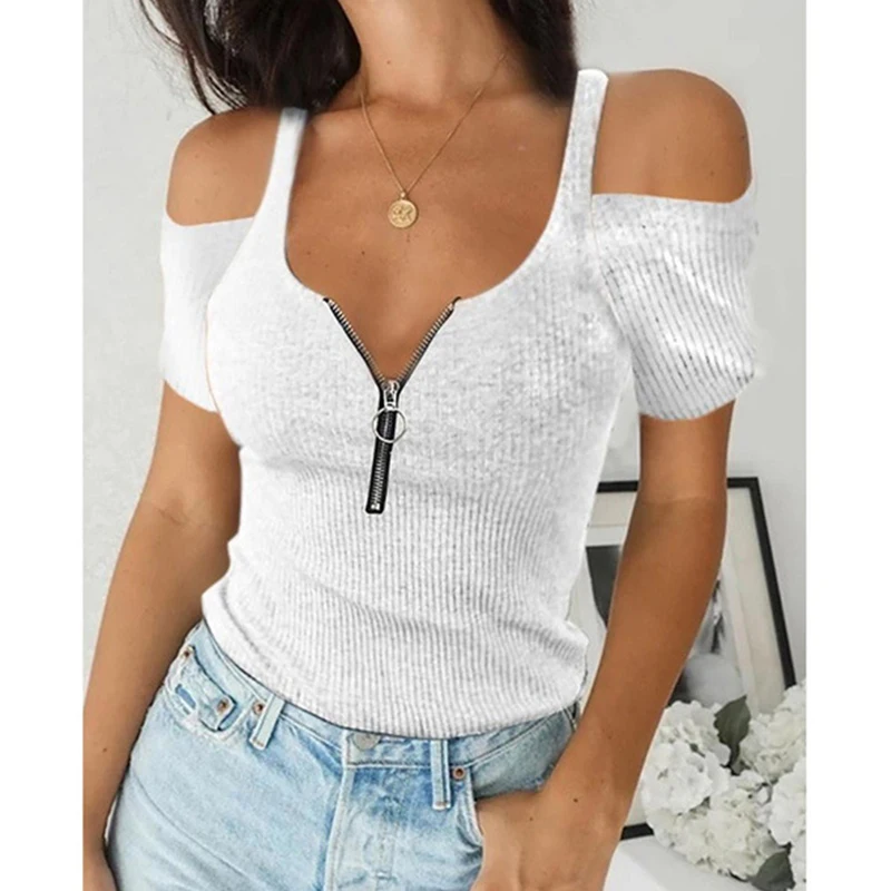 

2021 New Fashion Solid Color Semi-Open Collar Casual Sexy Summer Top Plus Size Pullover Short Sleeve Zipper Short T-Shirt