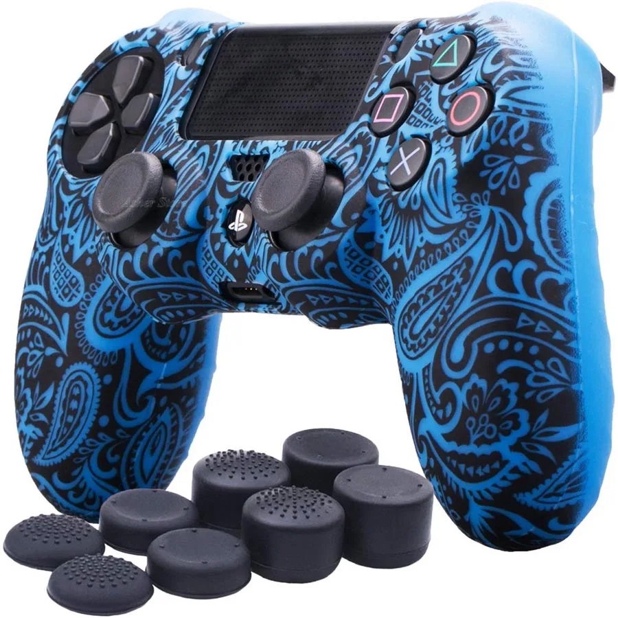 Blue PS4/Slim/Pro Controller Silicone Cover Waterproof Printing Flowers Skin for Sony Playstation 4 PS 4 Dualshock 4 Accessories - Color: Blue