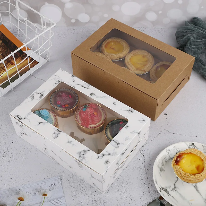 

5/10/20pcs 6 Cavities Marble Cupcake Boxes with Window Dessert Holder Containers Kraft Paper Portable Packaging Cake Cookie Box