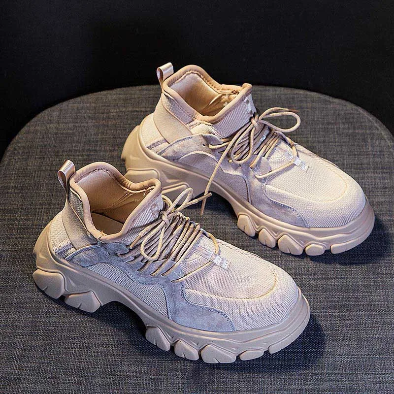 Обувь для девочек; женские кроссовки на платформе из натуральной кожи; zapatos de mujer; Брендовая женская обувь черного цвета на толстой подошве; обувь для папы - Цвет: Бежевый