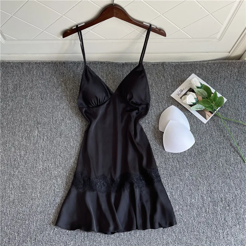 

Sexy Patchwork Lace Sleepshirt Pink V-Neck Mini Suspender Nightdress Silky Women Nightgown Sleepwear Soft Satin Home Clothes